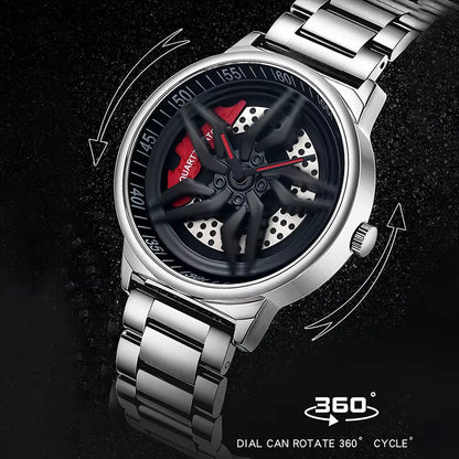 New Luxury 360° Spinning Rim Watch Hub Custom Design Sports Car Rim Watch Waterproof Creative Watch Mens Wheel Wristwatch