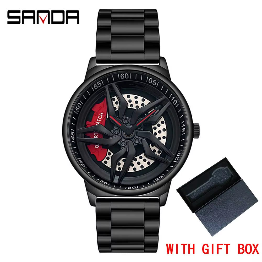 New Luxury 360° Spinning Rim Watch Hub Custom Design Sports Car Rim Watch Waterproof Creative Watch Mens Wheel Wristwatch