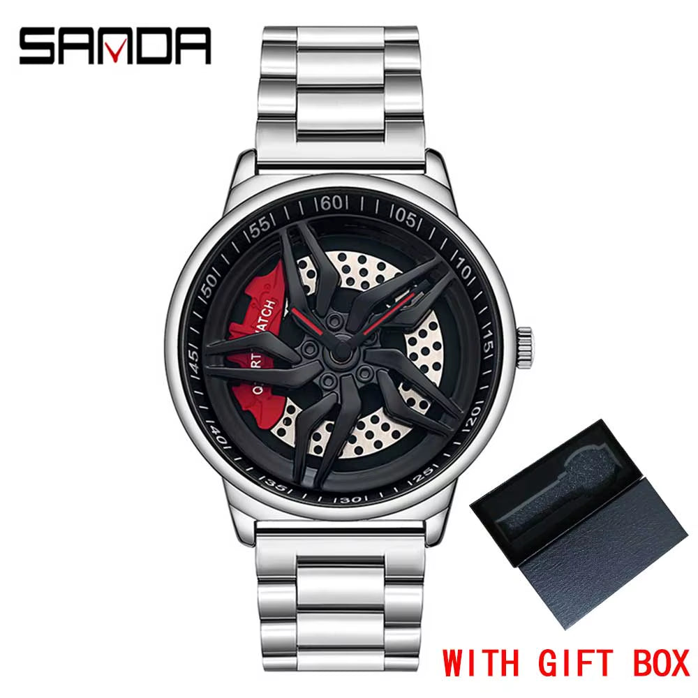 New Luxury 360° Spinning Rim Watch Hub Custom Design Sports Car Rim Watch Waterproof Creative Watch Mens Wheel Wristwatch
