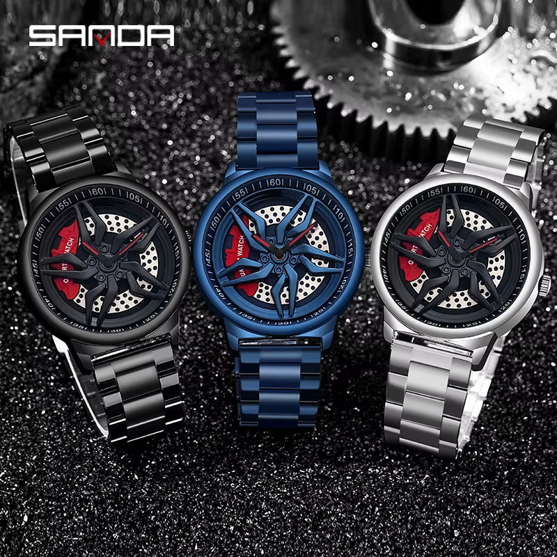 New Luxury 360° Spinning Rim Watch Hub Custom Design Sports Car Rim Watch Waterproof Creative Watch Mens Wheel Wristwatch
