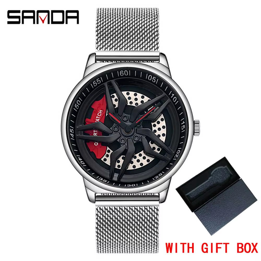 New Luxury 360° Spinning Rim Watch Hub Custom Design Sports Car Rim Watch Waterproof Creative Watch Mens Wheel Wristwatch