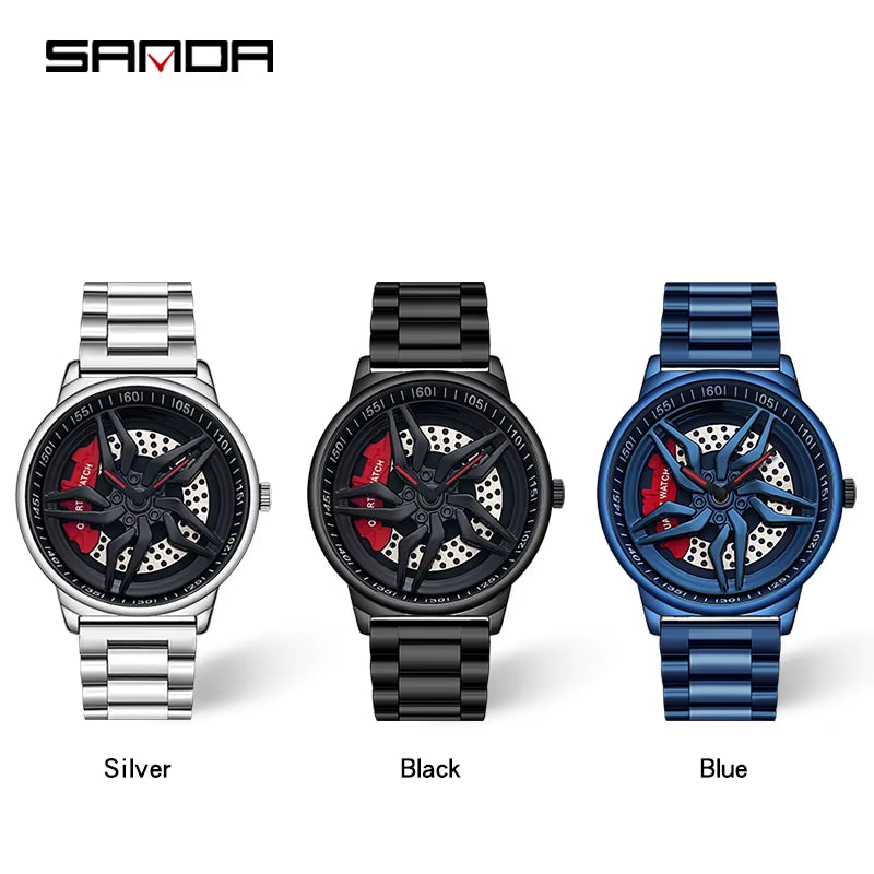 New Luxury 360° Spinning Rim Watch Hub Custom Design Sports Car Rim Watch Waterproof Creative Watch Mens Wheel Wristwatch