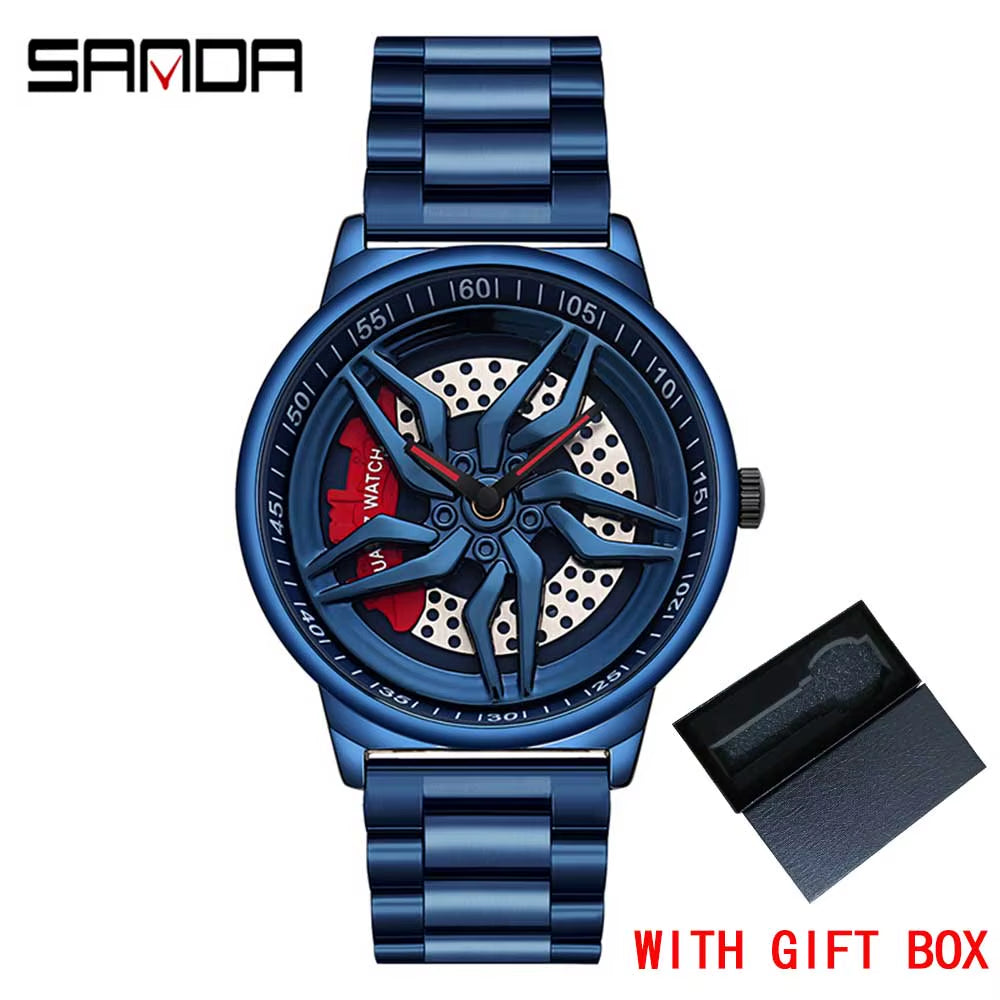 New Luxury 360° Spinning Rim Watch Hub Custom Design Sports Car Rim Watch Waterproof Creative Watch Mens Wheel Wristwatch