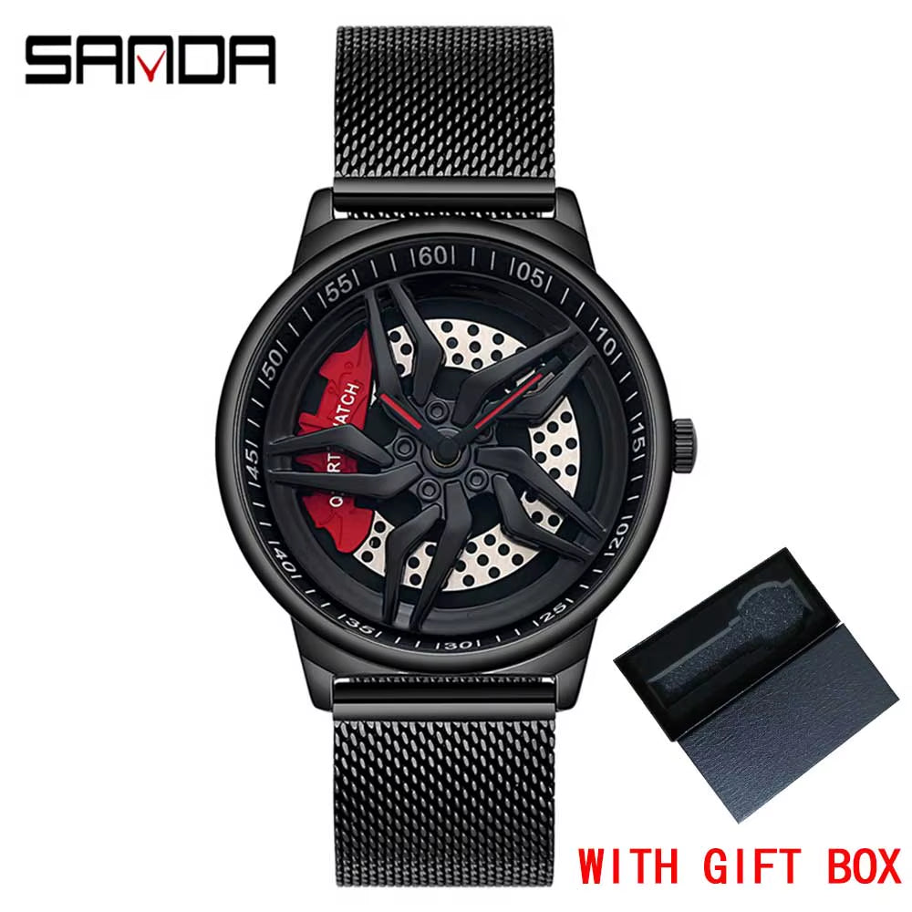 New Luxury 360° Spinning Rim Watch Hub Custom Design Sports Car Rim Watch Waterproof Creative Watch Mens Wheel Wristwatch
